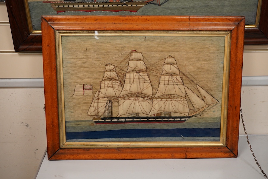 A maple framed 19th century ‘woolie’ folk art, wool work embroidery of a fully rigged sailing ship. Embroidered by a sailor using wading, creating raised stump work sails, using long straight stem stitches both verticall